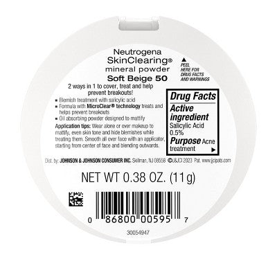 Neutrogena Skin Clearing Pressed Powder 50 Soft Beige 0.38oz - New